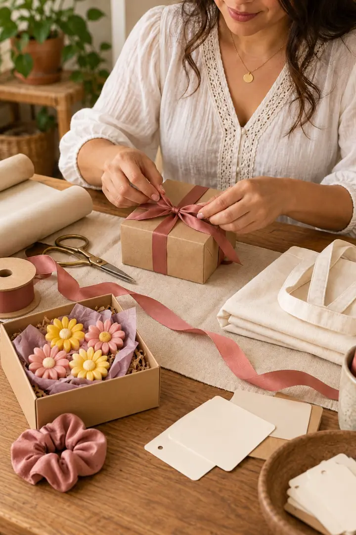 Mujer empacando regalos hechos a mano en su mesa de trabajo